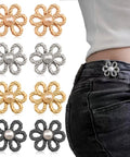 Eight Flower Button Set Waist Tighteners For Jeans And All Clothing, Detachable Decorative Buckles In Black Silver Light Gold And Frosted Gold, No Sew No Tools Required, Adjustable Waist Fit For Pants Skirts And Sleeves.