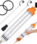 500cc Fluid Extractor For Automotive Use Manual Oil Transfer Pump Syringe For Gasoline Power Steering And Hydraulic Fluids Lightweight Handheld Oil Extractor With Orange Body Quick Suction Leak Free Operation showing parts and usage