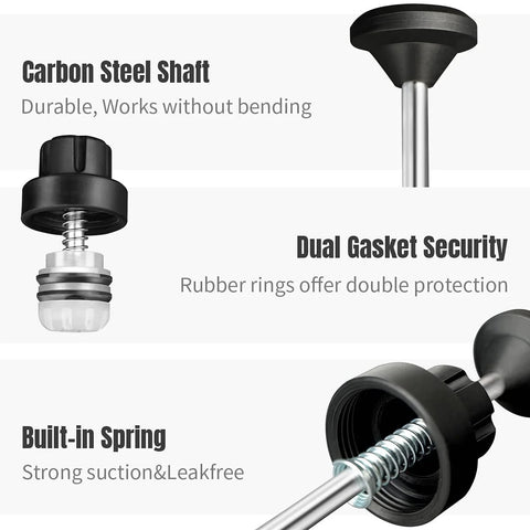 Components of the 200cc Manual Fluid Extractor Pump including carbon steel shaft, dual gasket security, and built-in spring features.