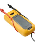 Fluke 17B+ Digital Multimeter, for Electrical Applications, rear view showing probes and rugged yellow casing.