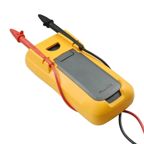 Fluke 17B+ Digital Multimeter, for Electrical Applications, rear view showing probes and rugged yellow casing.