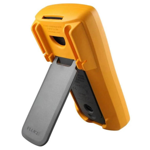 Back view of Fluke 17B+ Digital Multimeter, for Electrical Applications, show casing the durable yellow case and stand feature