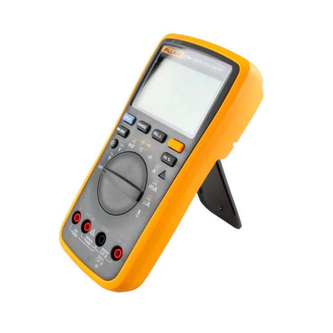 Fluke 17B+ Digital Multimeter, for Electrical Applications, Measures AC/DC Voltage 1000V displayed on stand, front angled view