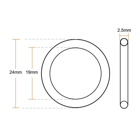 Fluorine Rubber O-Rings 24mm OD 19mm ID 2.5mm Width, Metric FKM Sealing Gasket, Pack of 20, front and side dimensions diagram