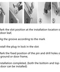 Installation steps for Hidden Latch And Bolt Set In 304 Stainless Steel For Security Doors 6 Inch Bolt Latch with images showing marking, drilling, and installation.