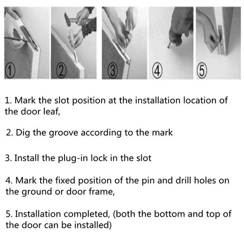 Installation steps for Hidden Latch And Bolt Set In 304 Stainless Steel For Security Doors 6 Inch Bolt Latch with images showing marking, drilling, and installation.