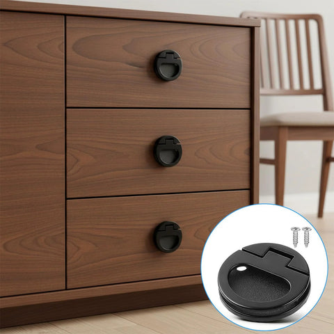 Flush Door Pull With Black Zinc Alloy Ring Handles 43.5 Mm Recessed Mount Lifting Ring Pulls installed on wooden drawers