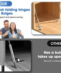 Comparison of flush folding gas spring hinge in cabinet versus traditional hinge with bulge, featuring Drop Down Gas Struts, Gas Spring Hinge with 90 Degree Page Turning Axis