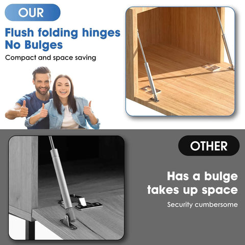 Comparison of flush folding gas spring hinge in cabinet versus traditional hinge with bulge, featuring Drop Down Gas Struts, Gas Spring Hinge with 90 Degree Page Turning Axis