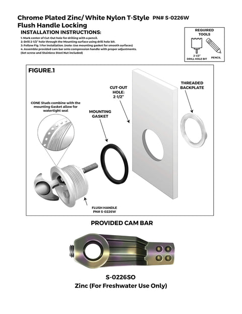Diagram of T Handle Latch With Keyed Lock For Marine And Freshwater Boats Use Three Inch Outside Diameter Two And A Half Inch Cut Out White Chrome Plated Finish Three Eighths Inch Metric Shaft, showing parts and measurements.