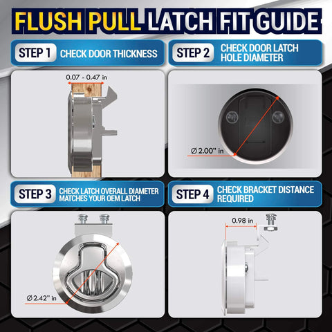 Durable chrome hatch latches, a 2 pack flush mount slam latch set for RVs and boats, fit guide and measurements.