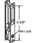 Flush Mount Lock Set For Sliding Glass Doors With Night Lock In White, showing 6-5/8" screw spacing and brass material