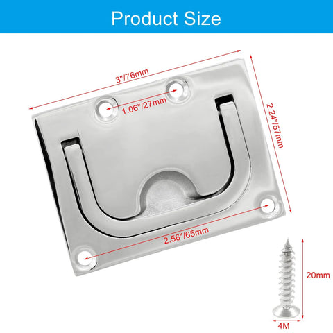 Flush Mount Ring Pull Handle In 316 Stainless Steel For Boat Hatch And Furniture Cabinets Drawer Square Recessed Lift Ring Pull 3 X 2.24 Inches Heavy Duty Rustproof Corrosion Resistant With 4 Mounting Screws product image with dimensions
