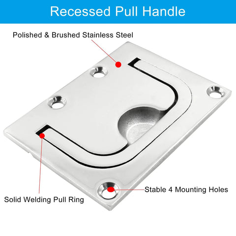 Flush Mount Ring Pull Handle In 316 Stainless Steel For Boat Hatch And Furniture Cabinets Drawer Square Recessed Lift Ring Pull 3 X 2.24 Inches Heavy Duty Rustproof Corrosion Resistant With 4 Mounting Screws