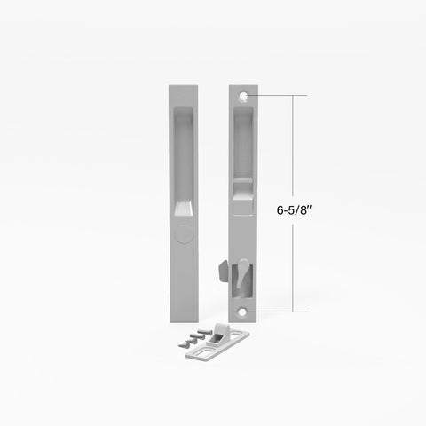 Sliding Glass Patio Door Handle Set Flush Mount Non Keyed For Replacement And Repair With Six And Five Eighths Inch Hole Centers Faceplate Height Seven And One Half Inches And Width Seven Eighths Inch Includes Strike Screws Hooks Interior Exterior Trim showing full set with screws and hooks.