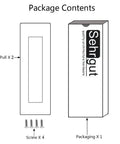 Package contents with Flush Pull Two Pack Six Inch Rectangular Satin Brushed Hand Polished Chamfered Edges, screws, and box.