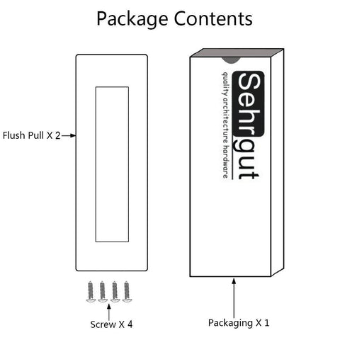 Package contents with Flush Pull Two Pack Six Inch Rectangular Satin Brushed Hand Polished Chamfered Edges, screws, and box.