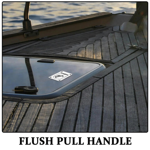 Stainless steel flush pull handle installed on wooden boat deck (65x56 mm) with screws