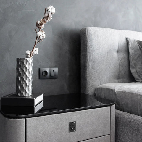 Modern bedroom with bedside table featuring 2 Pack Flush Ring Pulls Stainless Steel Rectangle Recessed Door Pull With Screws Black Finish