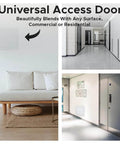10x10 Flush Steel Access Panel Exposed Flange With 16-Gauge Cold-Rolled Frame in room and hallway settings.
