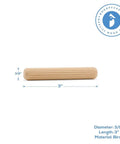 Fluted Wooden Dowel Pin 3 X 3/8 Inch from Pack Of 50 For Woodworking Furniture Making And Craft Projects, shown with dimensions.