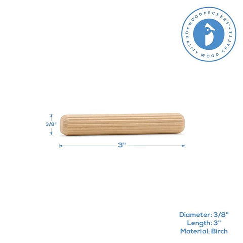 Fluted Wooden Dowel Pin 3 X 3/8 Inch from Pack Of 50 For Woodworking Furniture Making And Craft Projects, shown with dimensions.