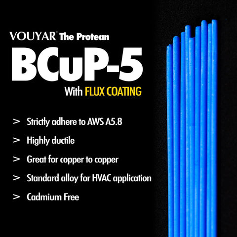 Pro Grade Flux Coated BCuP5 Brazing Rods With Fifteen Percent Silver for HVAC and refrigeration repairs, blue rods with features list