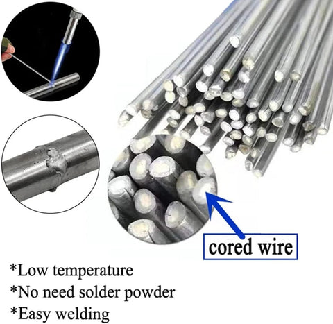 50 Pack Flux Core Aluminum Welding Rods for Low Temperature Brazing, no solder powder needed, showing aluminum sticks and welding process.
