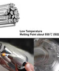 100 Pieces Flux Core Aluminum Welding Rods Set For Easy Melt Welding Sticks No Solder Powder Needed Non Toxic Flux Core Aluminum Brazing Rods Ideal For Repairs And DIY Projects In Home Or Shop, showing a bundle of aluminum rods and a welding demonstration on metal with low temperature melting point.