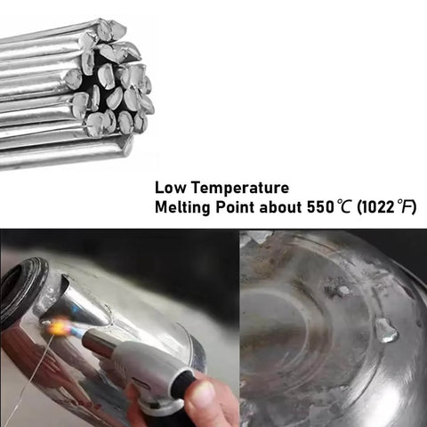 100 Pieces Flux Core Aluminum Welding Rods Set For Easy Melt Welding Sticks No Solder Powder Needed Non Toxic Flux Core Aluminum Brazing Rods Ideal For Repairs And DIY Projects In Home Or Shop, showing a bundle of aluminum rods and a welding demonstration on metal with low temperature melting point.