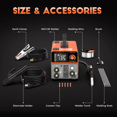 135A Flux Core MIG Welder 110V Gasless Portable 3 In 1 Welding Machine with accessories displayed around the unit.