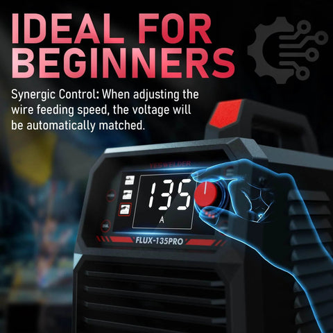 All In One Flux Core MIG Welder Bundle With Auto Darkening Blue Light Blocking Helmet 135 Amp 110V digital display glowing hand