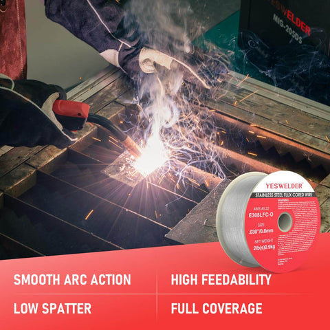 Stainless Steel Flux Core MIG Welding Wire 0.030 Inch E308LFC-O, 2 lb ABS spool, shown with active welding scene.
