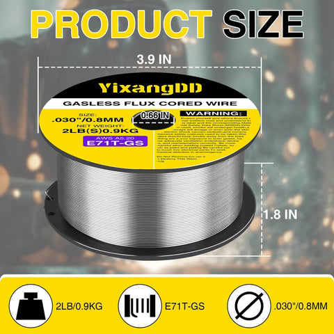 Four Pack 0.030 Flux Core Welding Wire E71T-GS Gasless Mild Carbon Steel MIG Wire 2 Pound Spool front view showing dimensions