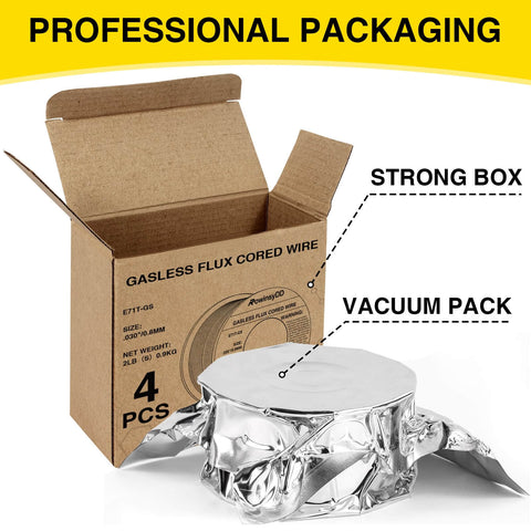 Four Pack 0.030 Flux Core Welding Wire E71T-GS Gasless Mild Carbon Steel MIG Wire 2 Pound Spool Pack in professional packaging