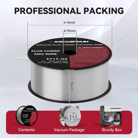 Flux Core Welding Wire.030 E71T-GS Mig Welding Wire 2 Pound Spool Gasless showing dimensions and packaging details.