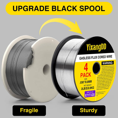 Four Pack 0.030 Flux Core Welding Wire E71T-GS Gasless Mild Carbon Steel MIG Wire 2 Pound Spool, fragile vs sturdy comparison.