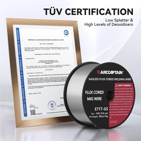 Flux Core Welding Wire.030 E71T-GS Mig Welding Wire 2 Pound Spool Gasless next to TÜV certification, showing low splatter feature