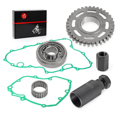 Flywheel Puller And Starter Clutch Gear Kit With One Way Bearing And Gasket Set For TRX450ER Electric Start 2006 2009 2011 2014 Replacement Complete Kit Ready To Roll showing components arranged on a table