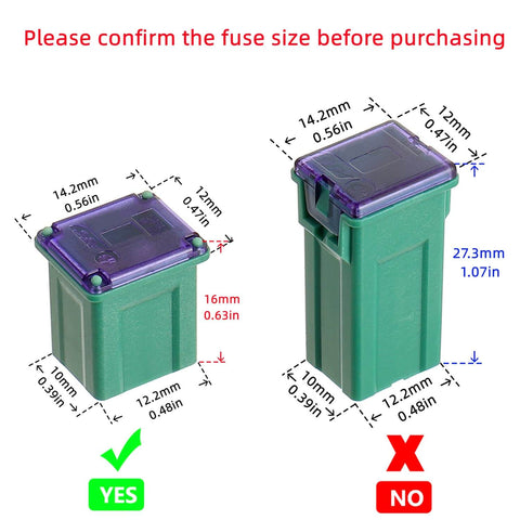 Comparison of two JCASE fuses with dimensions, highlighting the correct 14.2mm fuse size for the 30A JCASE FMX Low Profile Automotive Fuse Kit 5 Pack For Trucks Cars And SUVs To Keep Your Ride Safe Protects Wiring From Short Circuits And Overloads With Premium Materials For Safer More Reliable Electrical System And Easy Install.