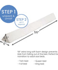 Extra Long Foam Bed Rail Bumper For Toddlers And Kids Expands To 56 Inches For Full Edge Coverage With A Water Resistant Non Slip And Machine Washable Cover Lightweight And Portable Guard Rail For Safe Sleep White shown unpacked on white background with measurement details.