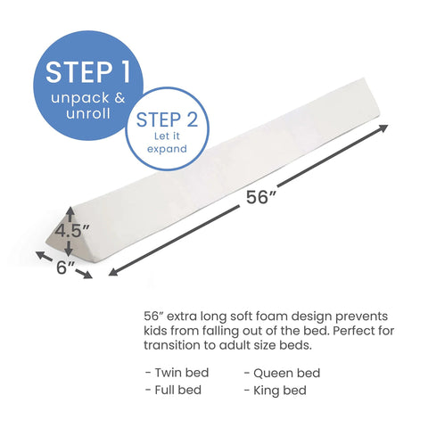 Extra Long Foam Bed Rail Bumper For Toddlers And Kids Expands To 56 Inches For Full Edge Coverage With A Water Resistant Non Slip And Machine Washable Cover Lightweight And Portable Guard Rail For Safe Sleep White shown unpacked on white background with measurement details.