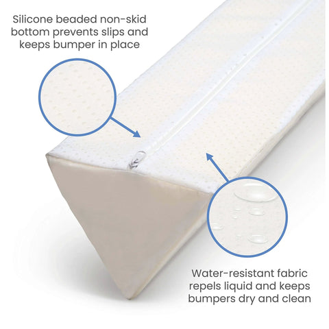Close-up of an Extra Long Foam Bed Rail Bumper for Toddlers and Kids showing water-resistant non-slip cover and silicone beaded bottom.