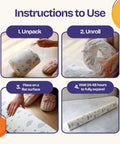 Instructions showing the unpacking, unrolling, and installation of a 52 Inch By 5 Inch Foam Bed Rail For Toddlers With Non Slip Stability And Convex Design For Safer Sleep Keeps Your Lil One Cozy And Secure Fits Twin Full Queen King Mattress Sizes And Easier Bed Time