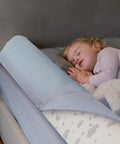 52 Inch By 5 Inch Foam Bed Rail For Toddlers With Non Slip Stability And Convex Design For Safer Sleep Keeps Your Lil One Cozy And Secure Fits Twin Full Queen King Mattress Sizes And Easier Bed Time, installed on bed with sleeping toddler