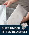 Extra Long Foam Bed Rails For Toddlers And Kids Water Resistant And Non Slip Guard Rails With Machine Washable Covers 2 Pack White Portable Bedside Safety Rails showing rail being placed under fitted sheet