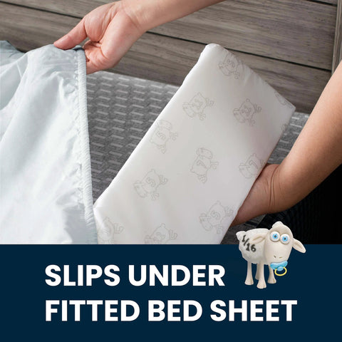 Extra Long Foam Bed Rails For Toddlers And Kids Water Resistant And Non Slip Guard Rails With Machine Washable Covers 2 Pack White Portable Bedside Safety Rails showing rail being placed under fitted sheet