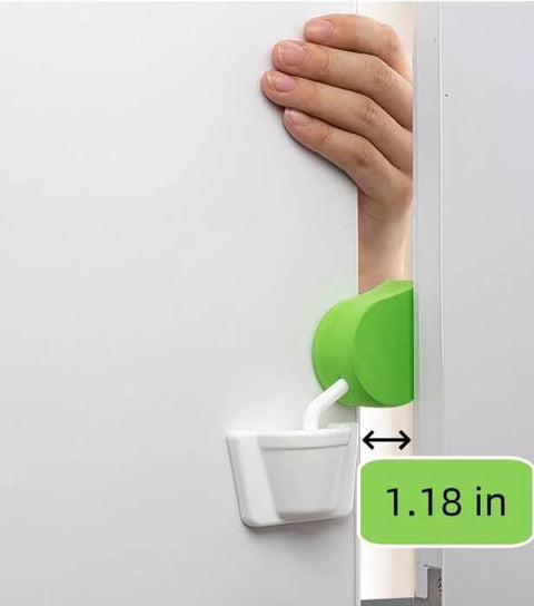 Tulip Shaped Extra Thick Foam Door Pinch Guard And Baby Proof Stopper 2 Pack installed on door, 1.18 in thick foam visible