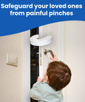 Experience top protection with an extra thick soft foam door pinch guard that cushions door slams, preventing finger injuries for kids and pets; universal fit, durable, safe, eco friendly, pack of six shown on a door with child.