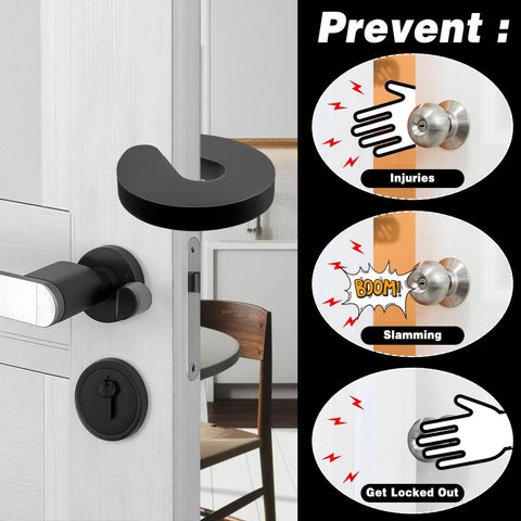 Image showing a black foam Six Pack Baby Door Pinch Guard installed on a door to prevent injuries, slamming, and getting locked out.